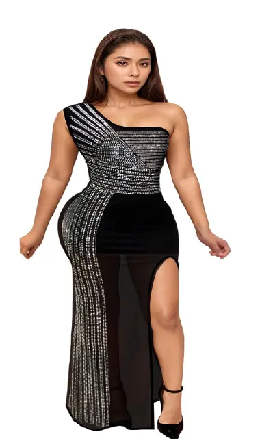 Glamorous black one-shoulder maxi dress featuring sparkling silver sequin patterns and a high leg slit with sheer overlay.