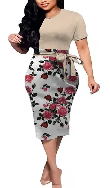wo-tone midi bodycon dress with a plain beige short-sleeved top and a white skirt featuring a vibrant red rose floral print and a tied waist belt.