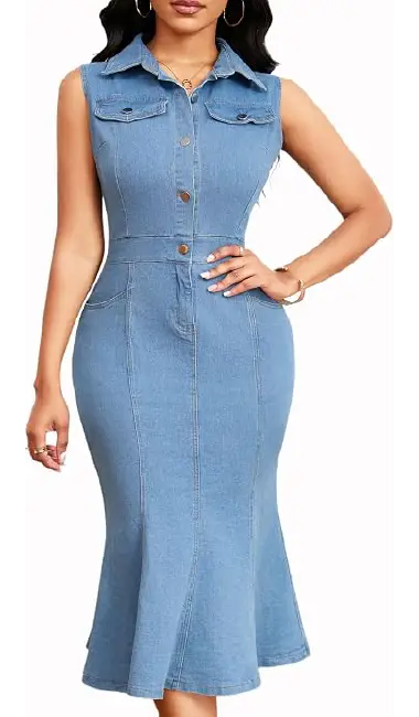 Light blue sleeveless denim midi dress featuring a collared button-up front, chest pockets, fitted bodice, and a ruffled mermaid hem.