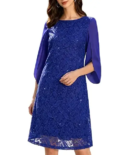Royal blue lace cocktail dress featuring sheer split sleeves and sparkly sequin details.