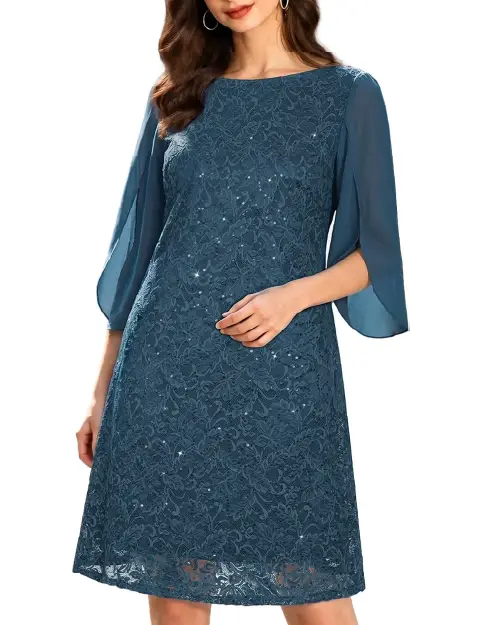 Teal blue lace cocktail dress with sheer split sleeves and a knee-length fit.