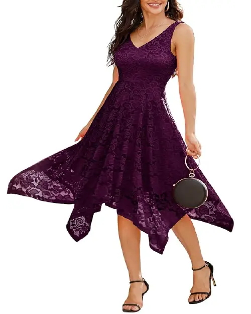 Deep plum purple lace sleeveless cocktail dress with an asymmetrical handkerchief hemline
