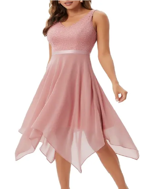 Dusty pink sleeveless cocktail dress with a lace bodice and handkerchief hem skirt