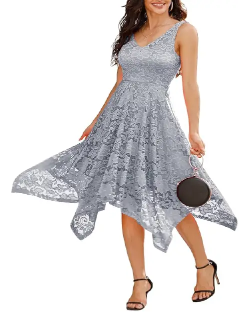 Grey lace sleeveless cocktail dress featuring an asymmetrical handkerchief hemline
