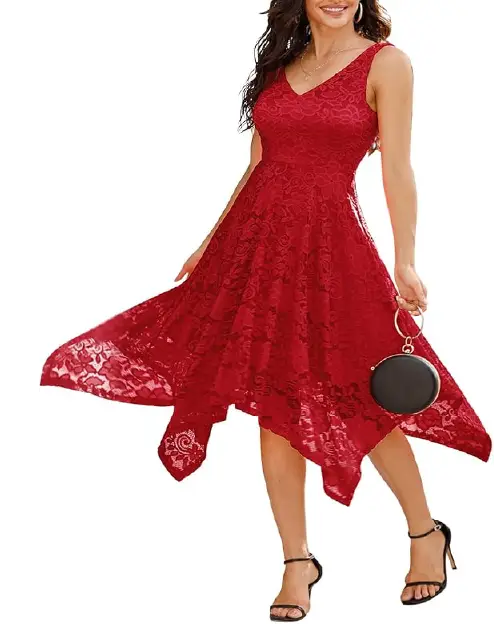 Red lace sleeveless cocktail dress with a V-neckline and asymmetrical hemline