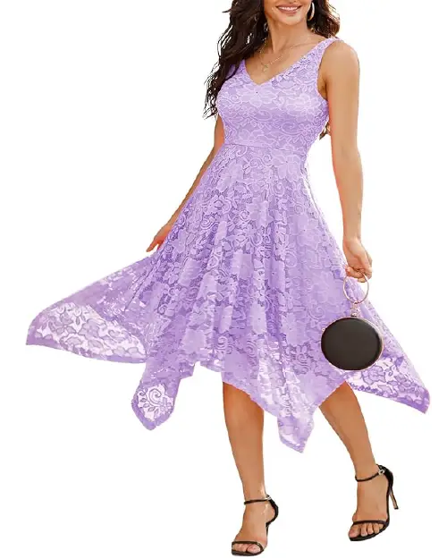 Light purple lace sleeveless cocktail dress featuring an asymmetrical handkerchief hem
