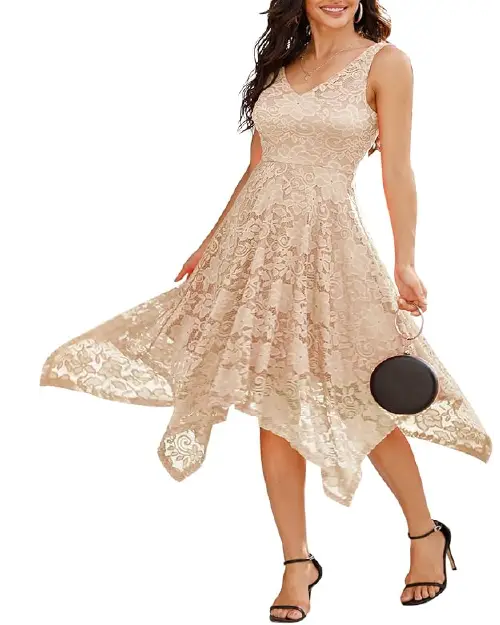 Beige lace sleeveless cocktail dress with a V-neckline and handkerchief hemline