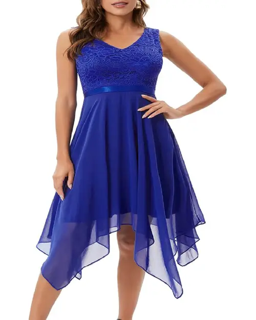 Royal blue lace bodice cocktail dress with a satin waist ribbon and asymmetrical chiffon skirt
