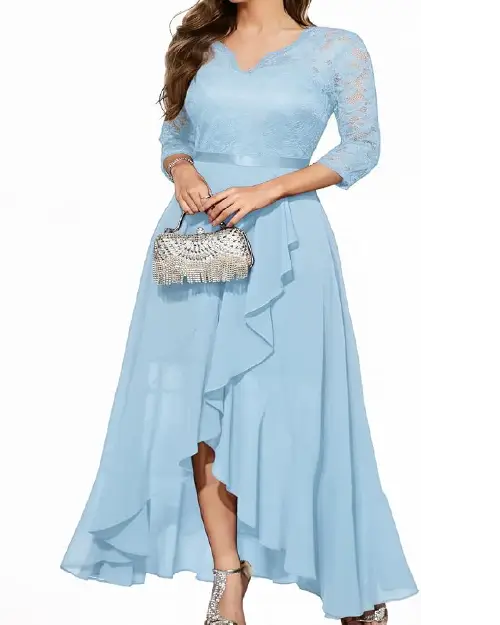 Light blue high-low lace cocktail dress with three-quarter sleeves and a pleated chiffon skirt.