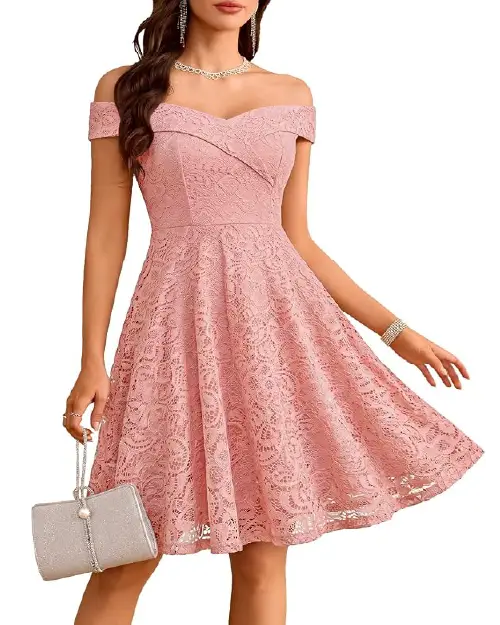 Dusty pink off-the-shoulder lace cocktail dress with a flared midi skirt