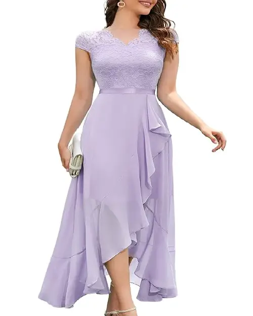 Lavender high-low cocktail dress with short lace sleeves and a ruffled chiffon skirt.