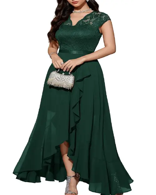 Dark green high-low cocktail dress featuring a lace bodice and a cascading chiffon skirt.