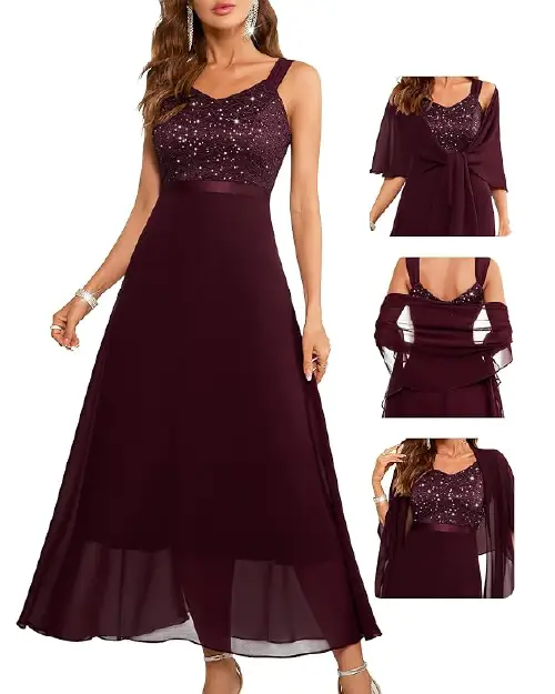 Burgundy cocktail dress with a sleeveless sequin lace bodice, satin waist ribbon, long flowing skirt, and matching wrap shawl