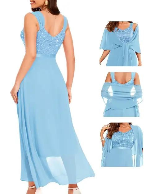 Light blue cocktail dress with a sleeveless sequin lace bodice, satin waist trim, long flowing skirt, and matching wrap shawl