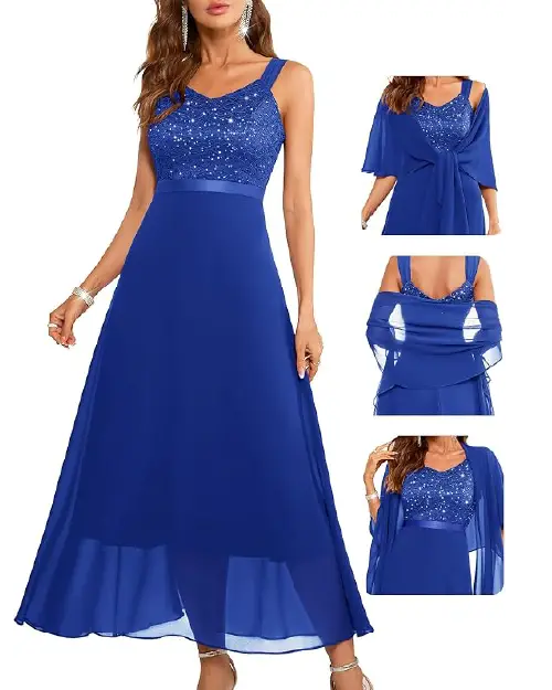 Royal blue cocktail dress featuring a sleeveless sequin lace bodice, satin waistband, long skirt, and matching wrap shawl