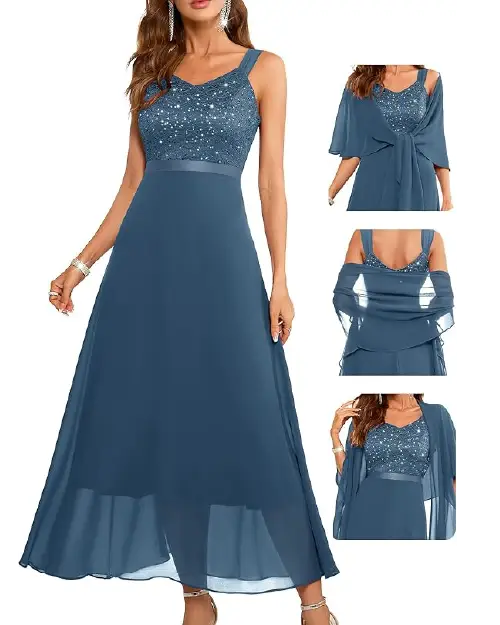 Dark teal cocktail dress with a sleeveless sequin lace bodice, satin waist trim, long flowing skirt, and matching wrap shawl