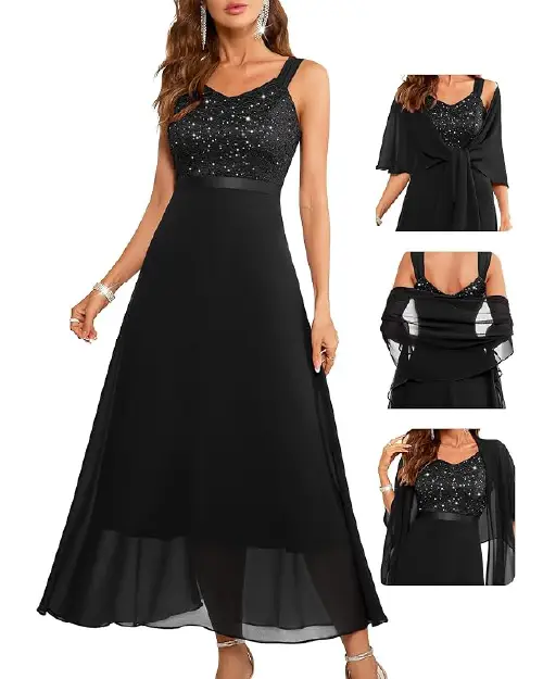 Black cocktail dress with a sleeveless sequin lace bodice, satin waistband, long flowing skirt, and matching wrap shawl