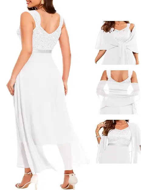 White cocktail dress featuring a sleeveless sequin lace bodice, satin waistband, long flowing skirt, and matching wrap shawl