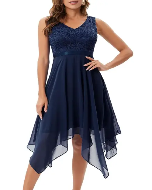 Dark blue cocktail dress with a V-neck lace bodice, satin waistband, and asymmetric handkerchief hem skirt