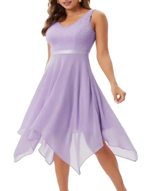 Lavender cocktail dress with a V-neck lace bodice, satin waistband, and asymmetric handkerchief hem skirt