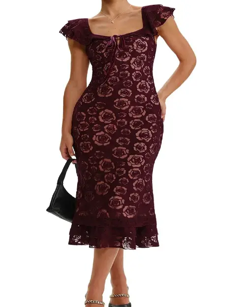 Burgundy rose pattern lace midi cocktail dress with ruffled cap sleeves and a sweetheart neckline.