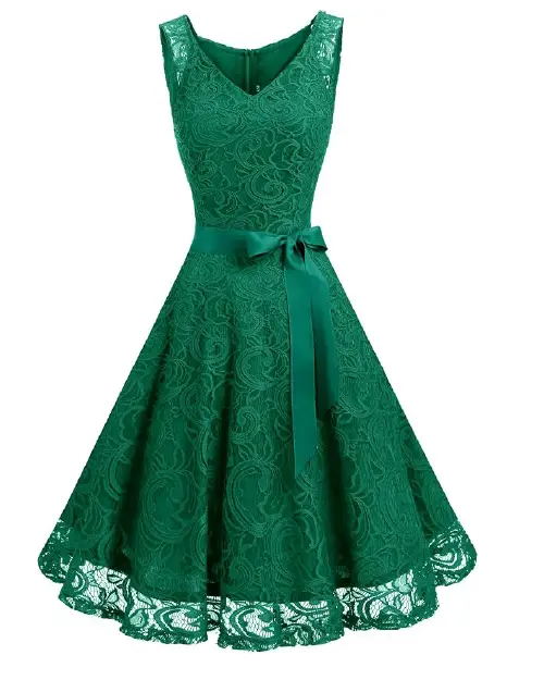 Green cocktail dress with a V-neck lace bodice, satin ribbon bow, flared A-line skirt, and sheer lace hem