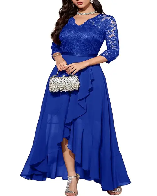 Royal blue cocktail dress with a V-neck lace bodice, three-quarter sleeves, and an asymmetric ruffled chiffon high-low skirt