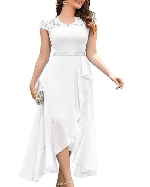 White cocktail dress with a V-neck lace bodice, cap sleeves, satin waistband, and asymmetric ruffled high-low chiffon skirt