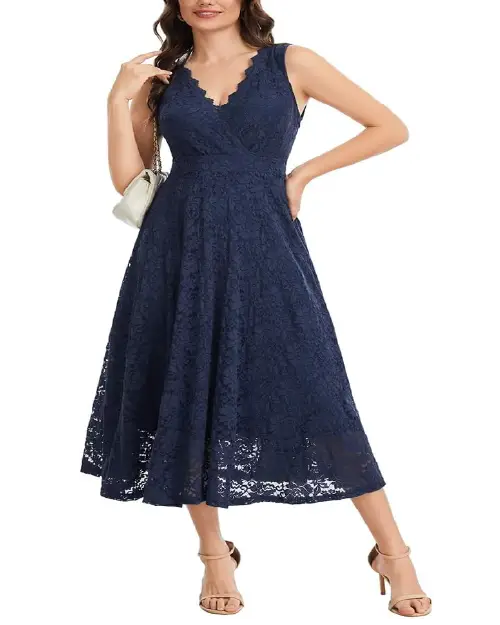 Dark blue cocktail dress with an all-over lace design, V-neckline, sleeveless cut, and flared midi-length skirt