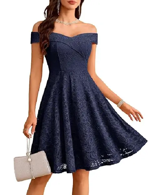 Dark blue off-the-shoulder cocktail dress featuring a textured lace fabric, sweetheart neckline, and flared A-line skirt