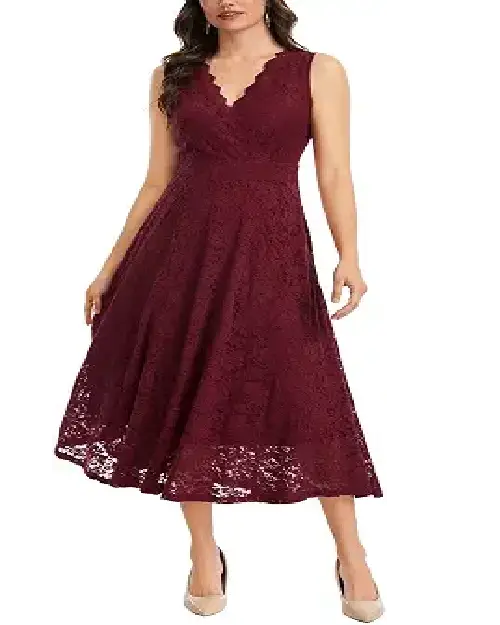 Burgundy lace midi cocktail dress with a V-neckline and a flared A-line silhouette.