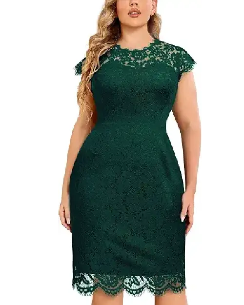 Dark green lace sheath cocktail dress with short cap sleeves and a fitted silhouette.