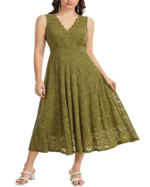 Olive green lace A-line midi cocktail dress with a V-neckline and sleeveless bodice.