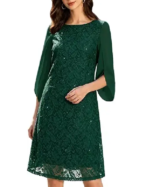 Dark green lace cocktail dress with sheer split sleeves and sequin embellishments.