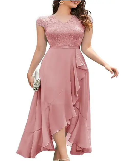 Light blue high-low lace cocktail dress featuring a sheer lace bodice, short sleeves, and a cascading chiffon ruffle skirt.