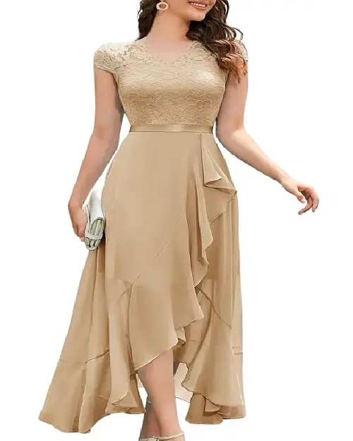 Lavender high-low lace cocktail dress with short cap sleeves, a V-neckline, and a ruffled chiffon skirt.