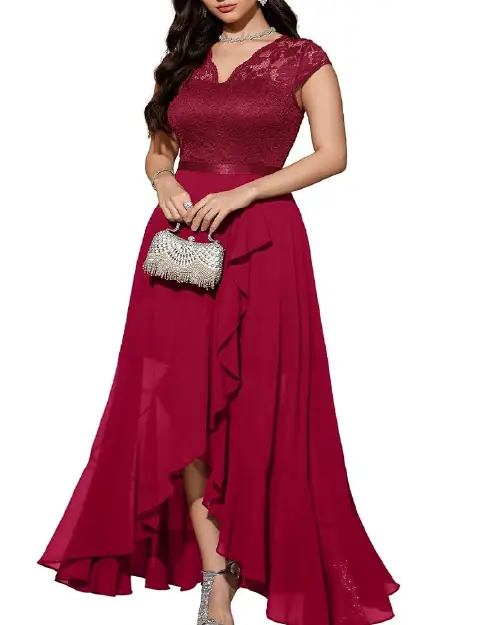 Burgundy lace midi cocktail dress with a V-neckline, sleeveless bodice, and a flared A-line skirt.