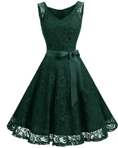 Olive green lace A-line midi cocktail dress with a V-neckline, sleeveless bodice, and a flared skirt.