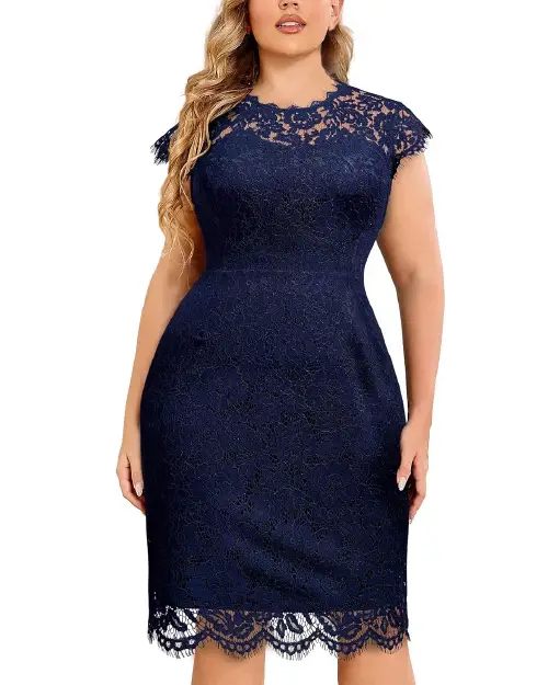 Navy blue lace cocktail dress with short cap sleeves and a knee-length fit.