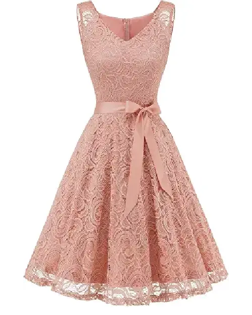 Pink lace A-line midi cocktail dress featuring a V-neckline, sleeveless bodice, and a satin waist ribbon.