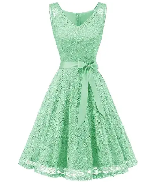 Mint green lace A-line midi cocktail dress with a sleeveless V-neckline and a satin ribbon waist tie.
