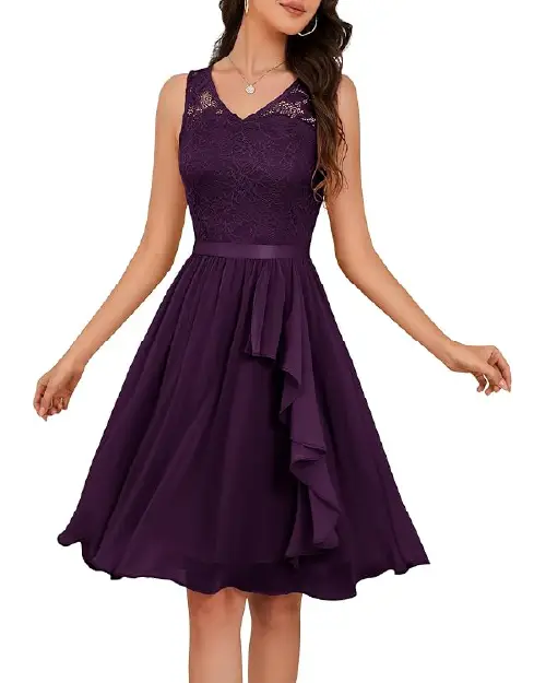 Deep purple high-low lace cocktail dress with sleeveless styling, a V-neckline, and a ruffled chiffon skirt.