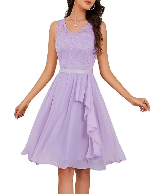 Light purple high-low lace cocktail dress featuring a sleeveless V-neck bodice and a ruffled chiffon skirt.