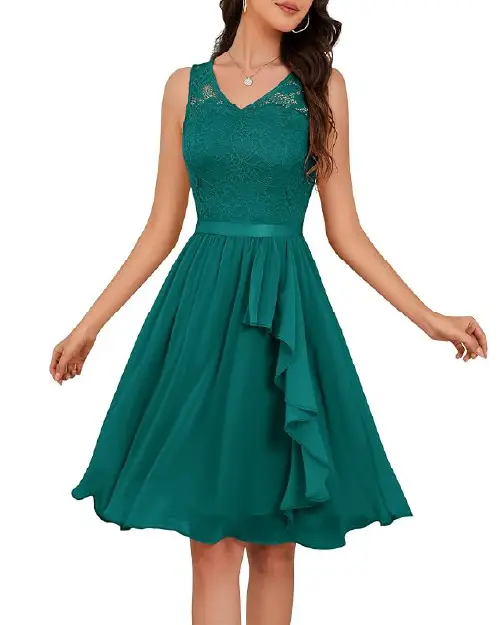 Teal green high-low lace cocktail dress with a sleeveless V-neck bodice and a cascading chiffon skirt.