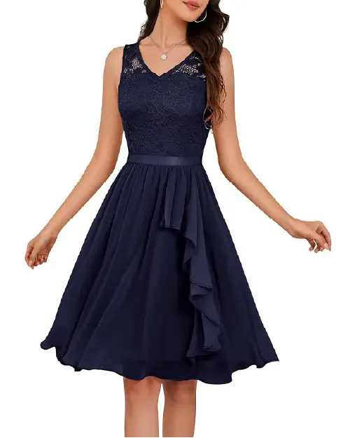Navy blue high-low lace cocktail dress featuring a sleeveless V-neck bodice and a ruffled chiffon skirt.