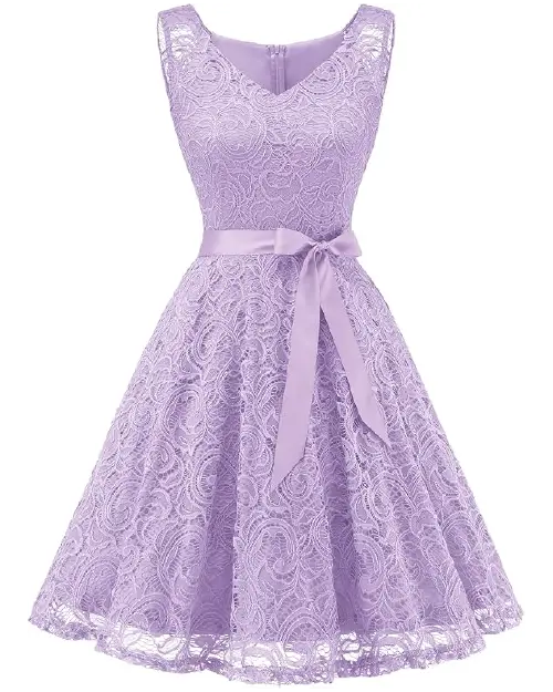Lilac lace A-line midi cocktail dress with a sleeveless V-neckline and a satin waist ribbon.