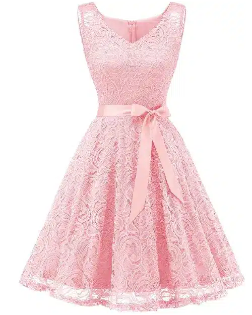 Soft pink lace A-line midi cocktail dress featuring a V-neckline, sleeveless bodice, and a ribbon waist sash.