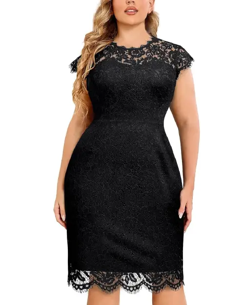 Black lace cocktail dress with a fitted silhouette and short cap sleeves.