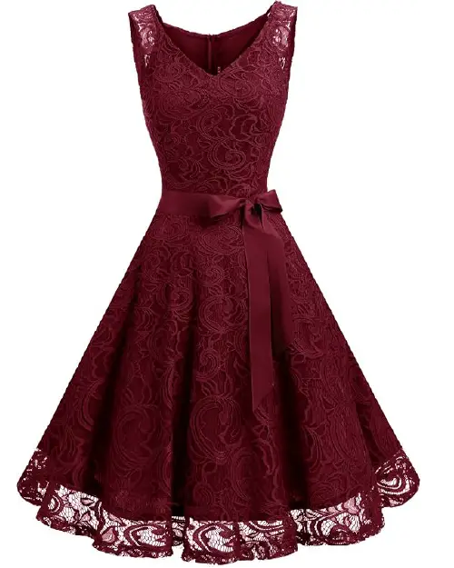 Burgundy lace A-line midi cocktail dress with a V-neckline, sleeveless bodice, and a satin waist ribbon.