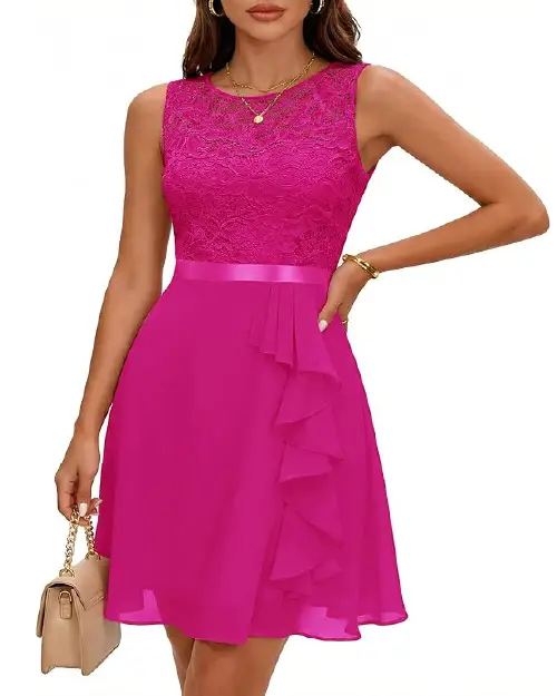 Bright magenta lace and chiffon cocktail dress featuring a sleeveless bodice, a satin waist ribbon, and a cascading ruffle skirt.